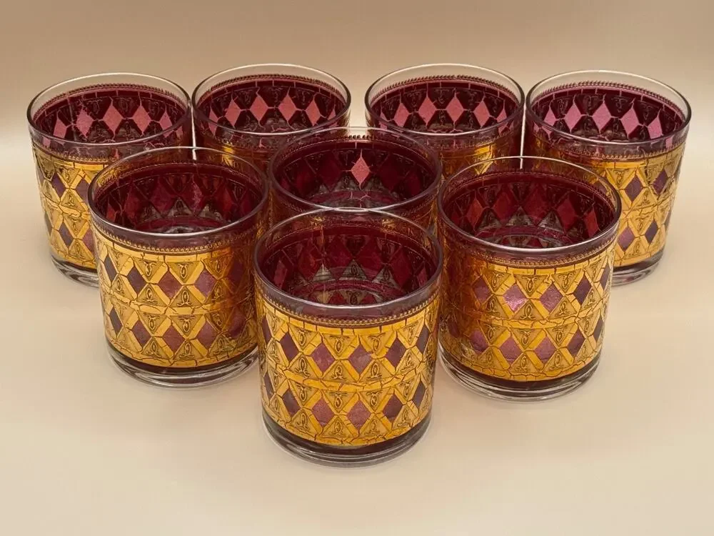 🥃 Vintage Mid Century Amber Gold Pattern Rocks Glasses Set of 8
